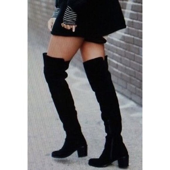Stuart Weitzman Hitest Black Suede Leather Mid Block Heel Over The Knee Boots - Picture 3 of 16